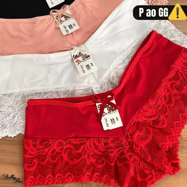 Kit 5 Calcinhas Shortinho Luxo Renda Belle